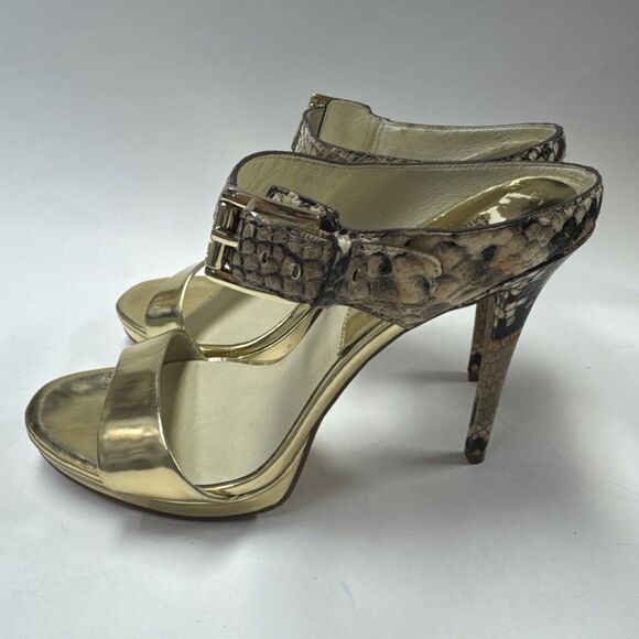 Michael Kors Odessa Snake Embossed Leather Platform Heel Size 8.5 Gold - Picture 3 of 8